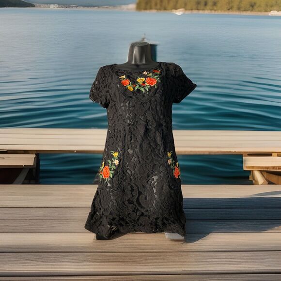 FOREVER 21 Black Red Lace Rose Floral Mini Fit Flare Dress Lg Whimsigoth Fairy - Picture 2 of 6